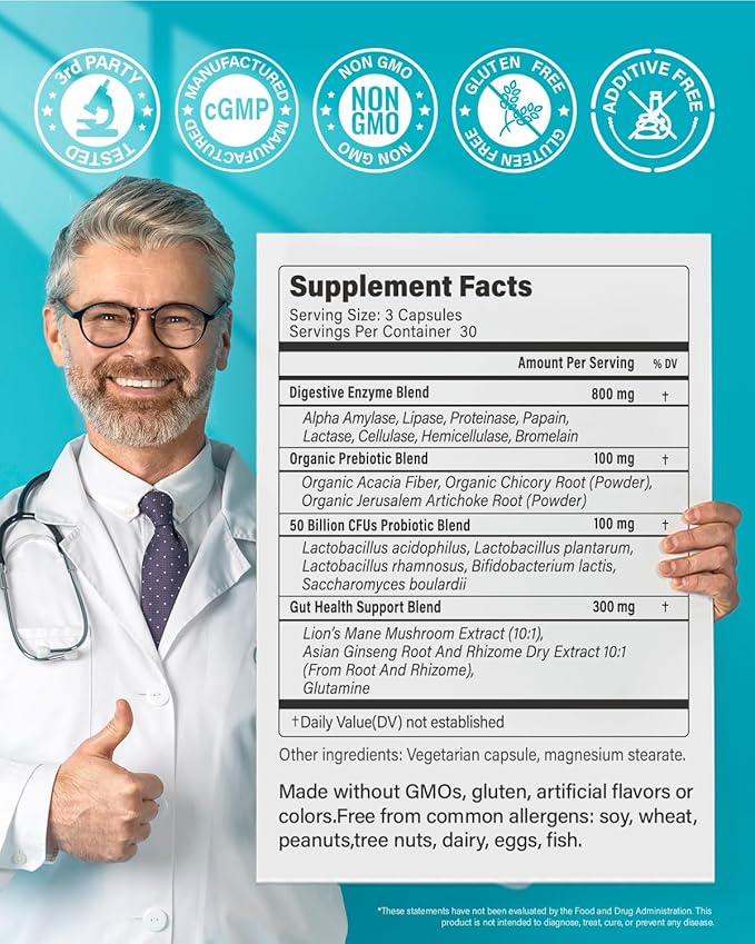 800mg Digestive Enzymes for Men and Women with Probiotics & Organic Prebiotics, 8 Key Enzymes, Protease, Amylase & Lipase for Bloating, Gas Relief, Non-GMO | 90 Capsules