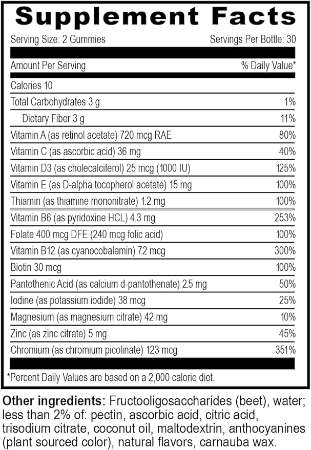 YUM-V'S Multivitamin Zero Gummies by YumVs | Sugar-Free Vitamins Supplement for Women & Men | Chromium, Thiamine, and Magnesium | Natural Raspberry Flavor Chewables - 60 Count-SeraviaPure