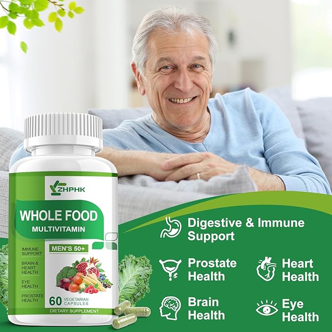 Multivitamins for Men 50 Plus, Whole Food Multivitamin Organic Based Superfoods Supplement for Men 50+ for Brain, Heart and Eye Health, Improve Digestion & Prostate Health, 120 Capsules-SeraviaPure