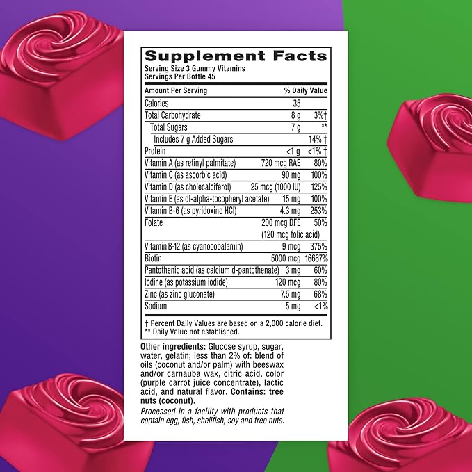 Vitafusion Gorgeous Hair, Skin & Nails Multivitamin Plus Biotin and Antioxidant Vitamins C&E, Raspberry Flavor, 135ct (45 Day Supply), from America’s Number One Gummy Vitamin Brand (Pack of 2)-SeraviaPure