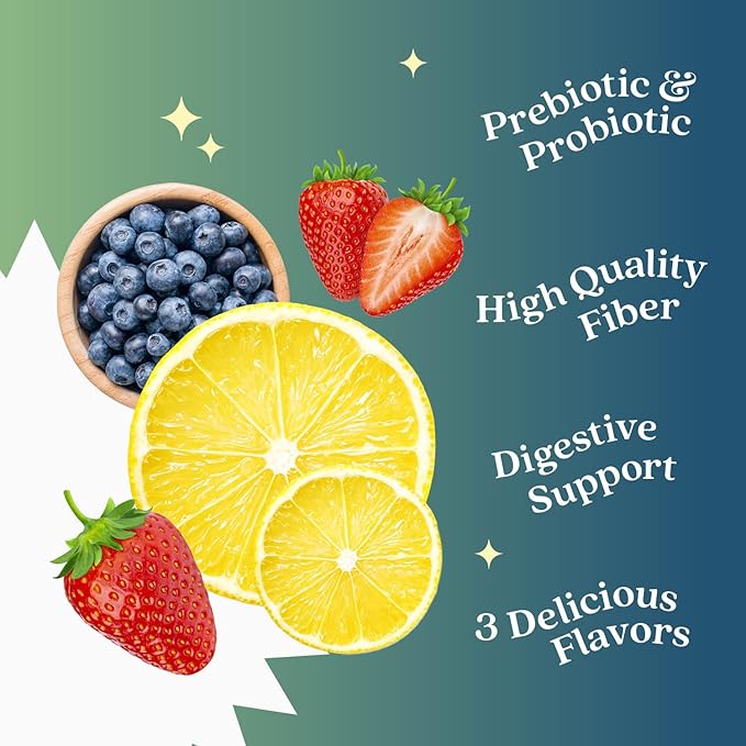 BeLive Synbiotics - Probiotic & Prebiotic Fiber Gummies – High Strength Inulin (3g), Dietary Fiber Supplement, Digestive Support for Kids & Adults - Strawberry, Lemon, Blueberry Flavor (60Ct)-SeraviaPure