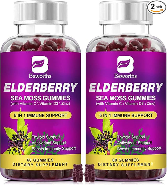 (2 Pack Elderberry Gummies & Irish Sea Moss, Organic Sambucus Elderberry Gummy with Seamoss, Zinc, Vitamin C, D3, Multivitamin Elderberry Vitamins - Sugar-Free-SeraviaPure