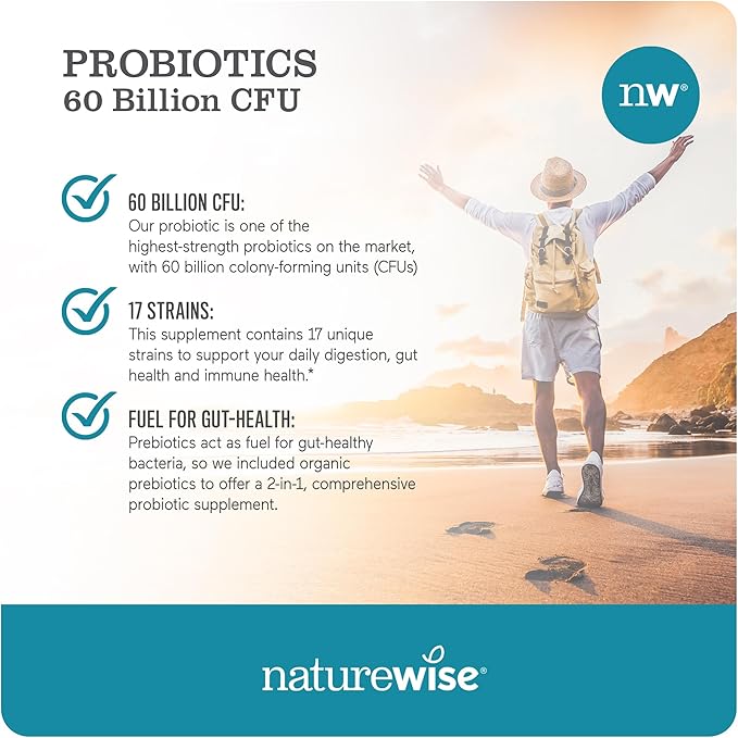 NatureWise Probiotics 60 Billion CFU - 17 Strains + Organic Prebiotics - Immune, Digestive & Gut Health Support for Women & Men - Vegetarian, Gluten-Free, Non-GMO - 30 Capsules[1-Month Supply]-SeraviaPure