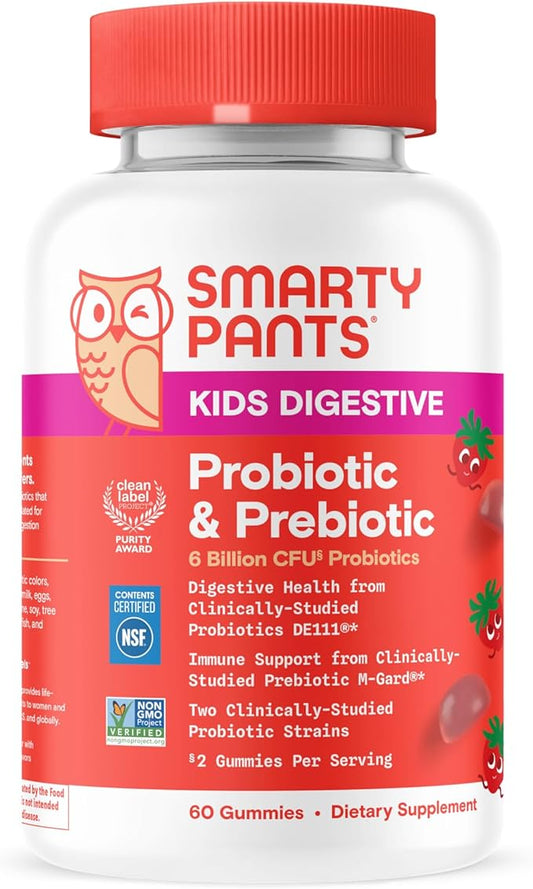 SmartyPants Kids Probiotic & Prebiotic Gummies for Digestive Health: Gut Health Supplement, Clinically Studied Prebiotic for Immune Support, Strawberry, 60 Count (30 Day Supply)-SeraviaPure