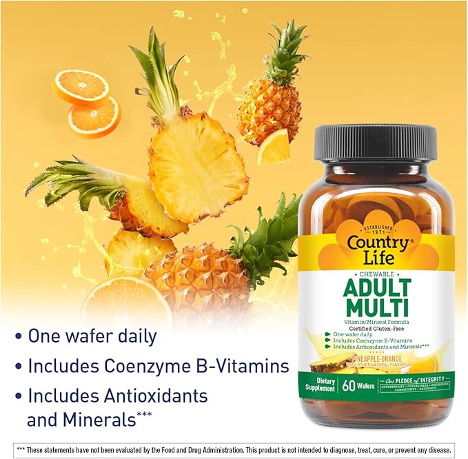 Country Life Adult Chewable Multivitamin with Coenzyme B-Vitamins, Antioxidants, Minerals, Pineapple-Orange Flavor - Supports Energy Metabolism and Immune Health, Gluten Free - 60 Wafers-SeraviaPure
