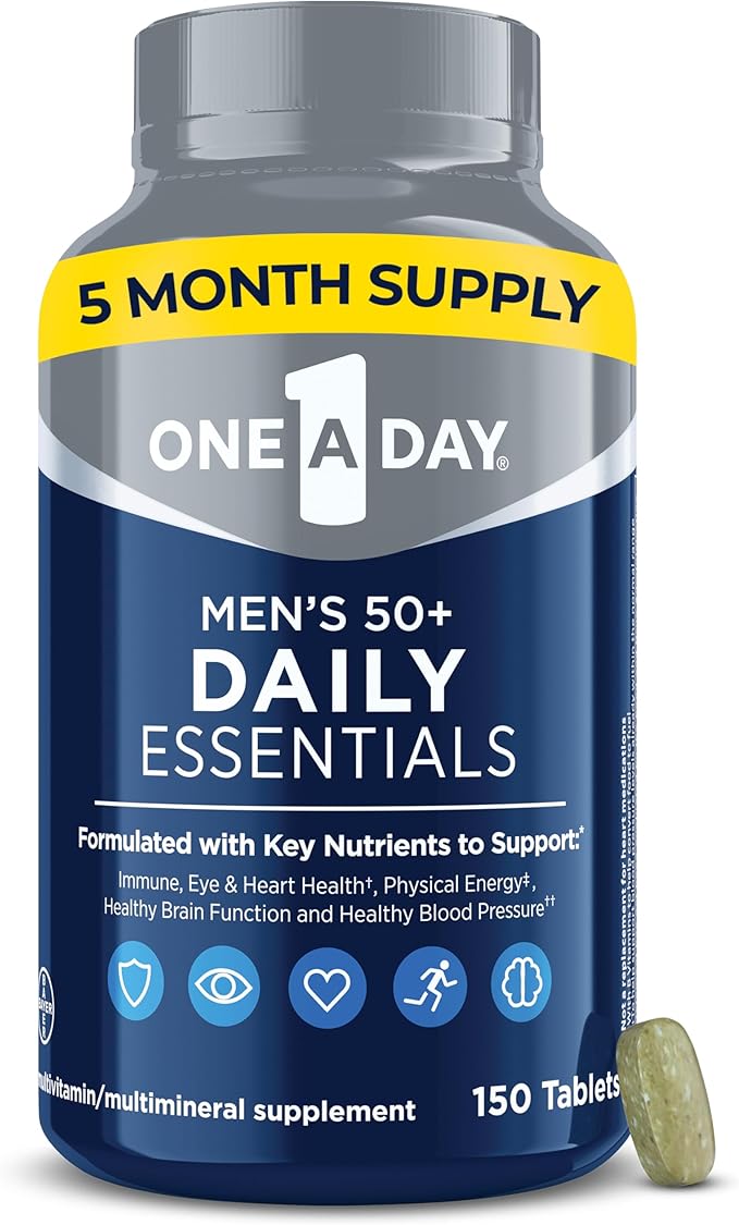 One A Day Men's Multivitamin 50+ Daily Essentials | Multivitamin for Men 50 Plus Supports Immune Health, Healthy Brain Function & Physical Energy | Vitamins for Men with Vitamin C & Zinc, 150 Count-SeraviaPure