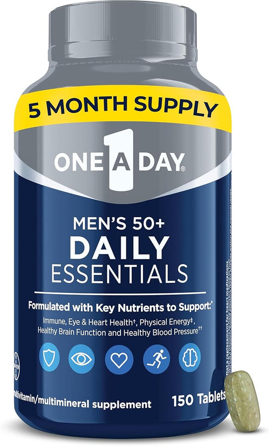 One A Day Men's Multivitamin 50+ Daily Essentials | Multivitamin for Men 50 Plus Supports Immune Health, Healthy Brain Function & Physical Energy | Vitamins for Men with Vitamin C & Zinc, 150 Count-SeraviaPure