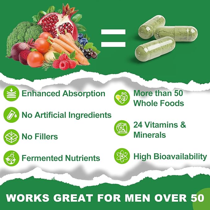Multivitamins for Men 50 Plus, Whole Food Multivitamin Organic Based Superfoods Supplement for Men 50+ for Brain, Heart and Eye Health, Improve Digestion & Prostate Health, 120 Capsules-SeraviaPure