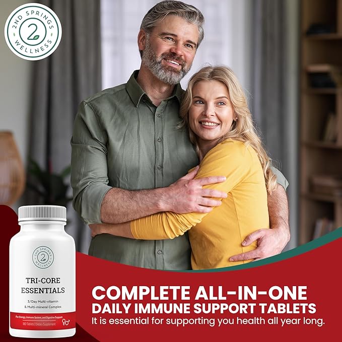 Tri-Core Essentials - 3 A Day Comprehensive Multivitamin Multimineral Complex with Probiotics, Prebiotics, Digestive Enzymes, Mushrooms, Adaptogens, and 45 Fruits and Vegetables - 180 Tablets-SeraviaPure