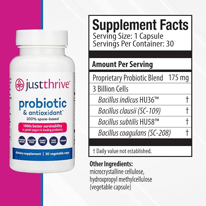Just Thrive Probiotic & Antioxidant Supplement - 100% Spore-Based Digestive and Immune Support - Gluten Free, 30 Caps-SeraviaPure