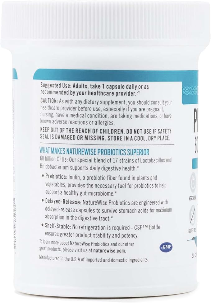 NatureWise Probiotics 60 Billion CFU - 17 Strains + Organic Prebiotics - Immune, Digestive & Gut Health Support for Women & Men - Vegetarian, Gluten-Free, Non-GMO - 30 Capsules[1-Month Supply]-SeraviaPure