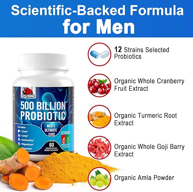 Probiotics for Men, 500 Billion CFU & 12 Strains Mens Probiotic, Men Probiotics with Turmeric, Cranberry, Goji, Gut Health for Men, Probiotics for Men Digestive Health, Immune Bloating, 120-Day Supply-SeraviaPure