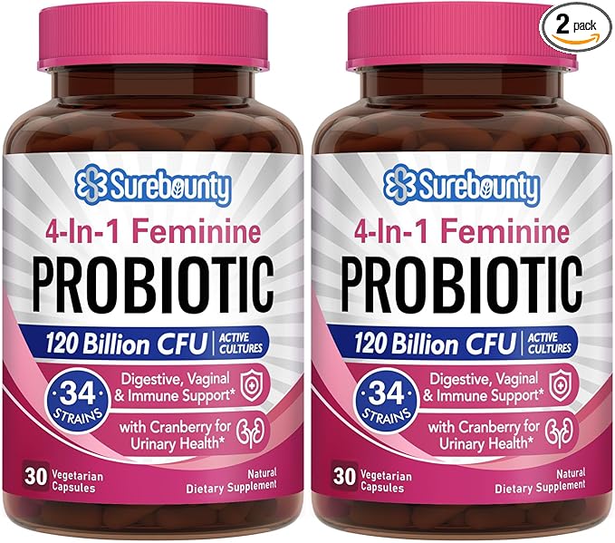 Probiotics for Women, 120 Billion CFU 34 Strains, Prebiotics, Digestive Enzymes, Cranberry, 4-in-1 Feminine Probiotic, Digestive, Vaginal, Immune Support, 60ct (Pack of 2)-SeraviaPure