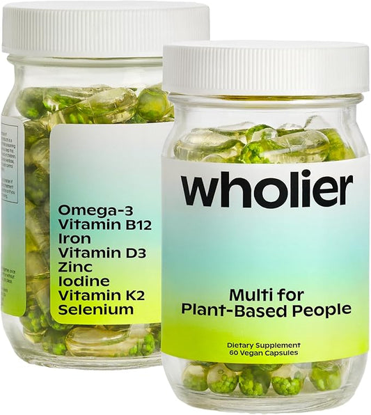 wholier Plant Based Multivitamin Vegan Omega-3 DHA EPA, Vitamin D, Vitamin B12, Zinc, Vitamin K2, Iron, Iodine, Selenium. 60 Count (30-Day Supply) Glass Bottle-SeraviaPure