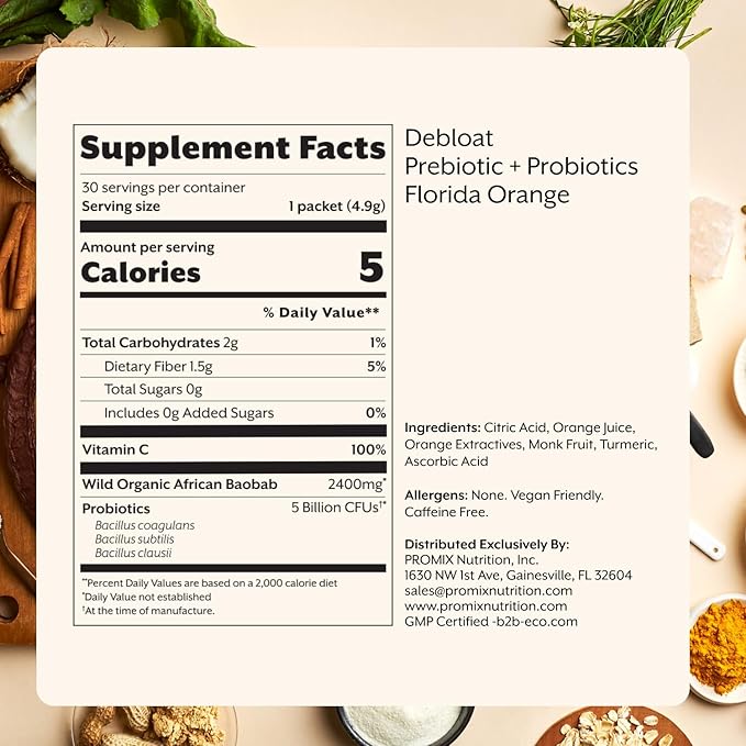 Promix Debloat Prebiotics and Probiotics with Baobab - Rich in Vitamin C, Bloating Relief, Immune Support - Orange - 30 Count-SeraviaPure