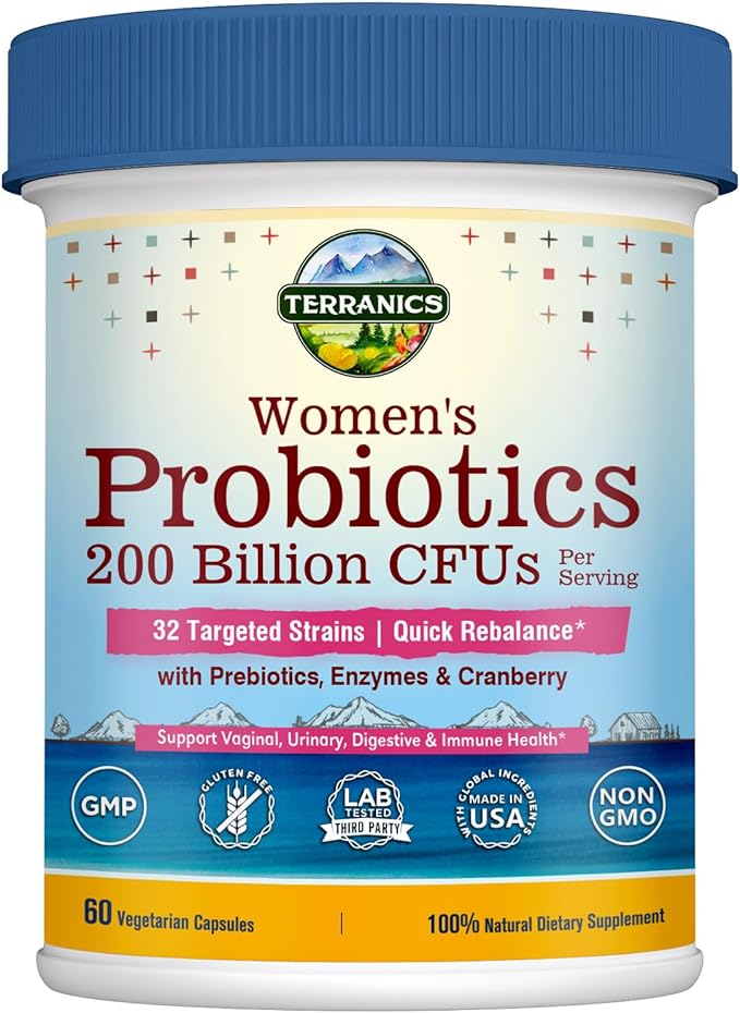 Terranics Daily Probiotics for Women, 200 Billion 32 Strains Womens Probiotics, with Cranberry, Prebiotics & Enzymes, Rebalance Vaginal Flora & pH, Delayed Release, Shelf Stable, 60 Vegan Caps-SeraviaPure