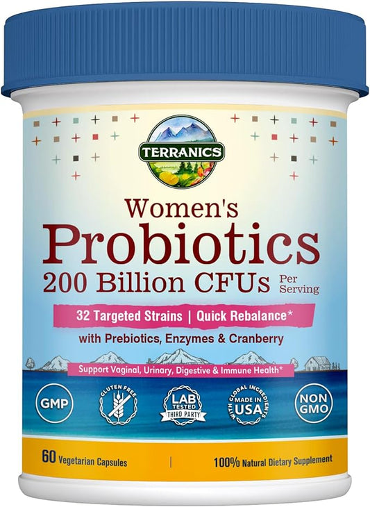 Terranics Daily Probiotics for Women, 200 Billion 32 Strains Womens Probiotics, with Cranberry, Prebiotics & Enzymes, Rebalance Vaginal Flora & pH, Delayed Release, Shelf Stable, 60 Vegan Caps-SeraviaPure