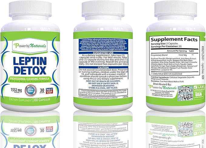 Power By Naturals Leptin Detox Cleanse for Reduce Weight - Natural Gut & Colon Cleanser, 1532mg, Acai Berry Cleanse for Men & Women, 60 Capsules, USA-Made-SeraviaPure