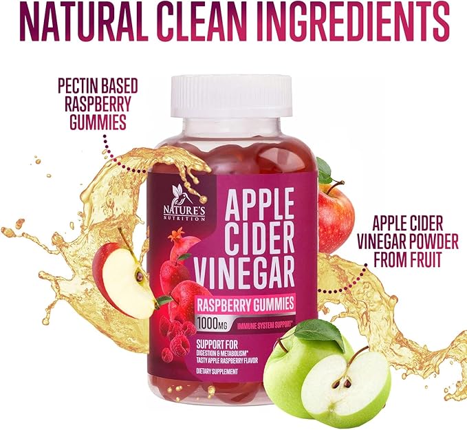 Vegan Apple Cider Vinegar Gummies 1000mg for Detox & Cleanse, ACV Gummy Vitamin B12 for Digestion Metabolism & Immune Health Support, Natural Apple Raspberry Flavor, Gluten Free - 60 Gummies-SeraviaPure