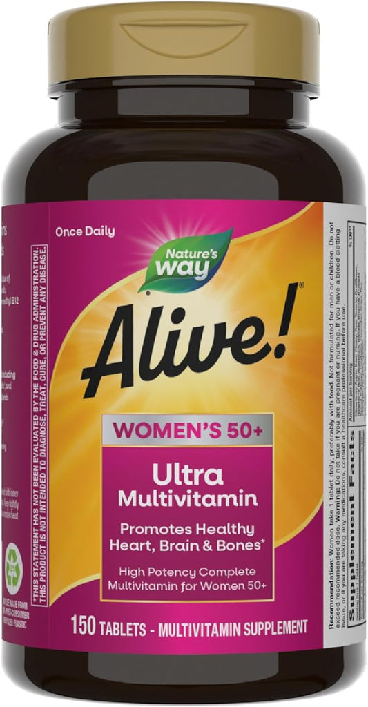 Nature’s Way Alive! Women’s 50+ Ultra Potency Complete Multivitamin, High Potency Formula, Promotes Healthy Heart, Brain, Bones*, with Methylated B12, Gluten-Free, 150 Tablets (Packaging May Vary)-SeraviaPure