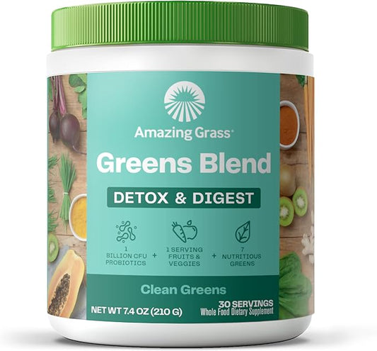 Amazing Grass Greens Superfood Detox & Digest: Greens Powder with Digestive Enzymes & Probiotics, Clean Green, 30 Servings (Packaging May Vary)-SeraviaPure