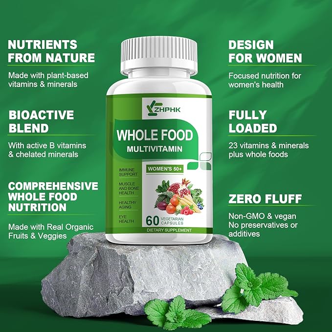 Multivitamin for Women 50 and Over, Whole Food Multivitamins Minerals Organic Extracts Women's 50+ Multivitamin for Energy Support, Nourish Hair, Skin, Nails Health, 60 Capsules-SeraviaPure