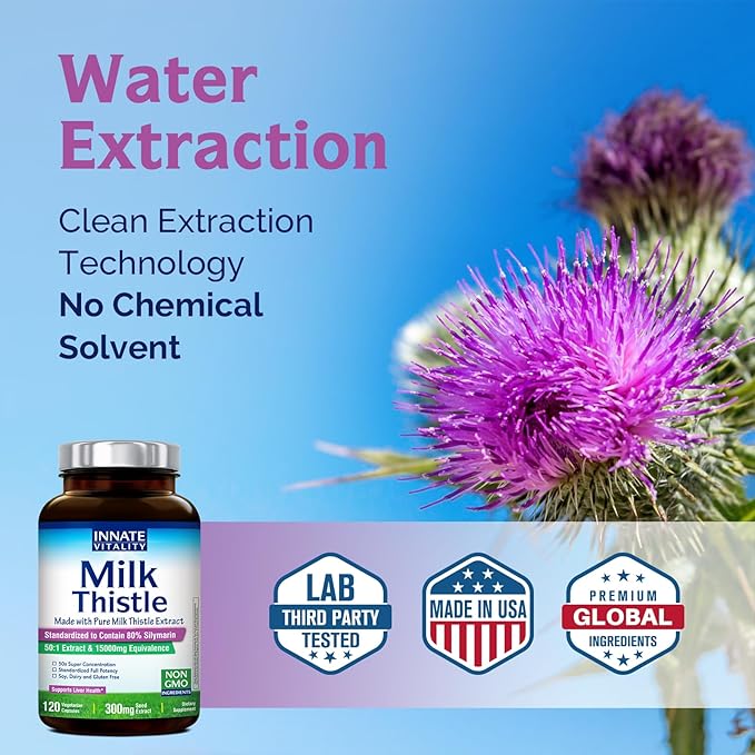 Innate Vitality 50:1 Organic Milk Thistle Supplement, 15000mg Equivalent (300mg Extract), 80% Silymarin Flavonoids, Liver Health, Detox & Cleansing, Made in USA, Non-GMO, 120 Veggie Capsules