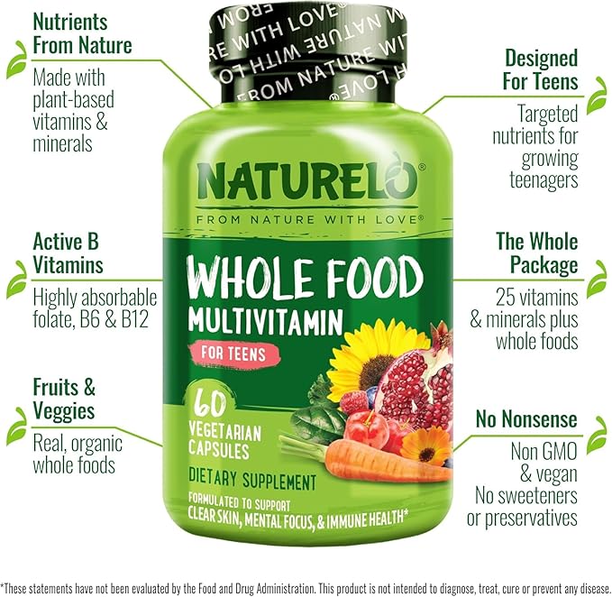 NATURELO Whole Food Multivitamin for Teens - Vitamins and Minerals for Teenage Boys and Girls - Supplement for Active Kids - with Organic Whole Foods - Non-GMO - Vegan & Vegetarian - 60 Capsules-SeraviaPure