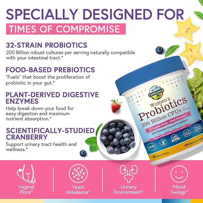 Terranics Daily Probiotics for Women, 200 Billion 32 Strains Womens Probiotics, with Cranberry, Prebiotics & Enzymes, Rebalance Vaginal Flora & pH, Delayed Release, Shelf Stable, 60 Vegan Caps-SeraviaPure