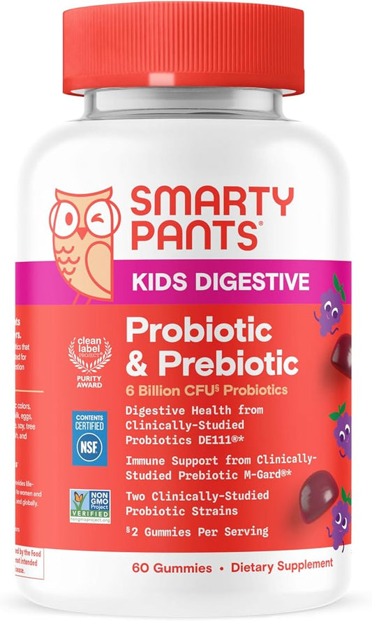 SmartyPants Kids Probiotic & Prebiotic Gummies for Digestive Health: Gut Health Supplement, Clinically Studied Prebiotic for Immune Support, Grape, 60 Count (30 Day Supply)-SeraviaPure