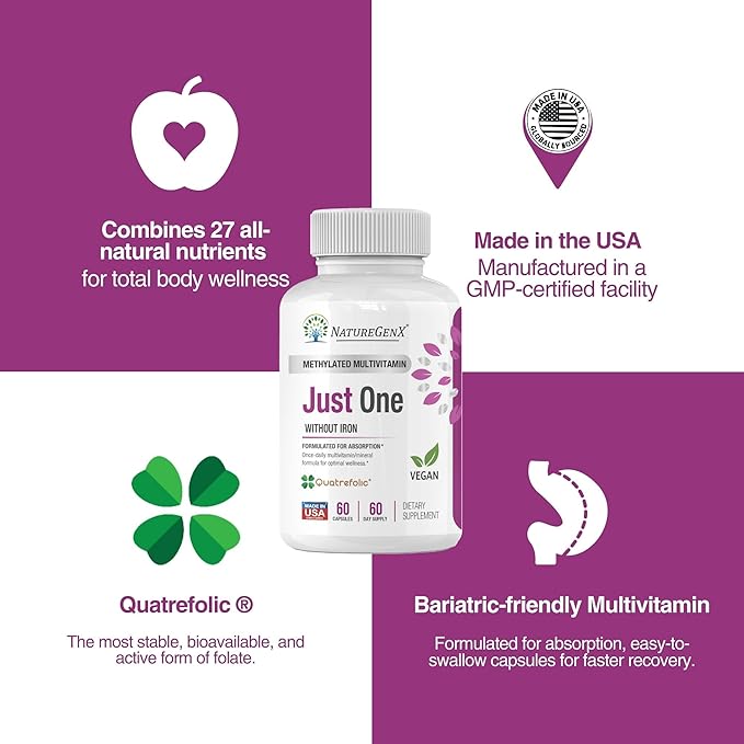 Just One Daily Methylated Multivitamin - 60 Caps Pure Methyl B12, Methylfolate MTHFR Support Supplement Iron Free Methylated Vitamins for Men & Women 2 Months Supply Gluten Free-SeraviaPure