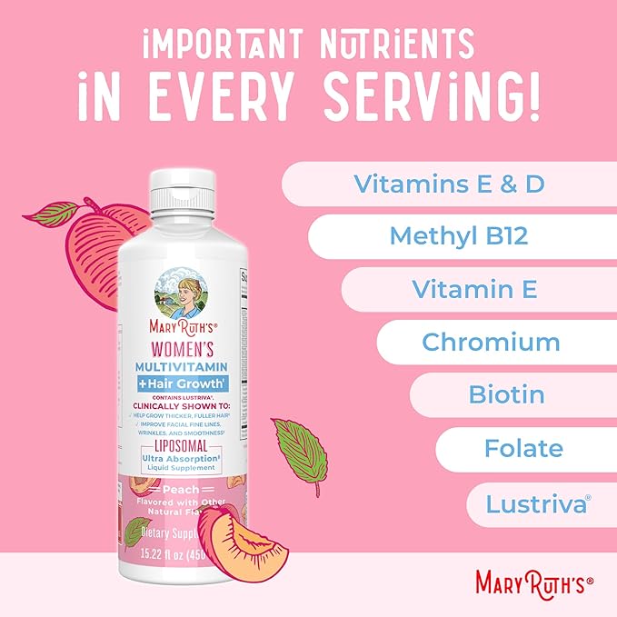MaryRuth Organics Women's Multivitamin Lustriva Hair Growth Liposomal | Biotin | Vitamin D, B | Clinically Tested for Thicker Hair, Fine Lines, Skin Care | Ages 18 | Hair Vitamins | 15 Fl Oz-SeraviaPure