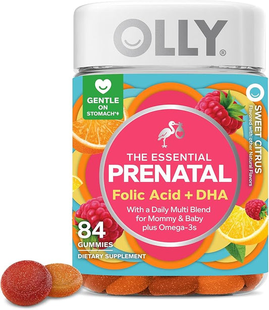 OLLY Essential Prenatal Gummy Multivitamin, Folic Acid, Vitamin D, Omega 3 DHA, Supports Healthy Growth and Brain Development, Citrus Berry - 84 Count-SeraviaPure