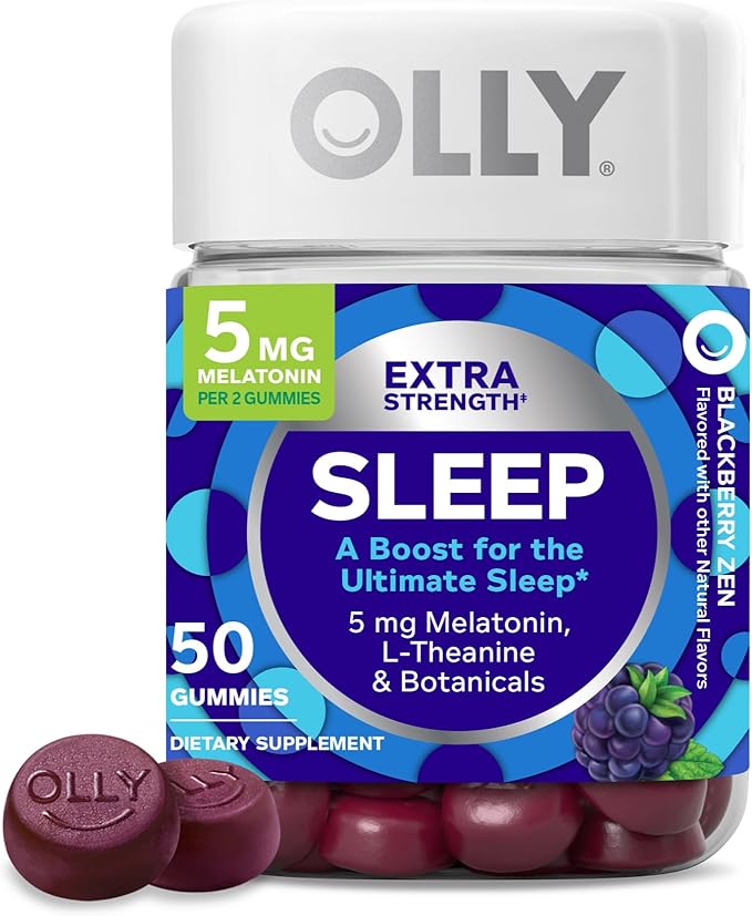 OLLY Extra Strength Sleep Gummy, 5 mg Melatonin, L-Theanine, Chamomile, Lemon Balm, Sleep Aid, BlackBerry - 50 Count-SeraviaPure