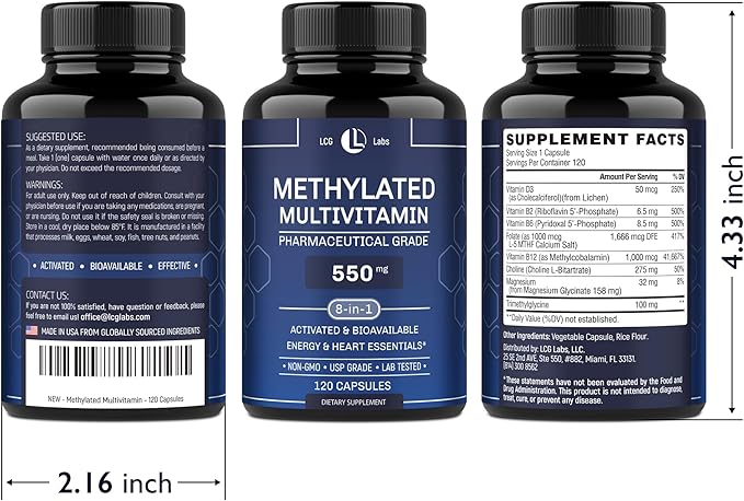 Methylated Multivitamin 550mg - Methylated B Complex, L-MTHF & B12 + TMG - for Men & Women - Methylation Support, Energy & Heart - Pharmaceutical Grade, Laboratory Tested - Made in USA - 120 Capsules-SeraviaPure