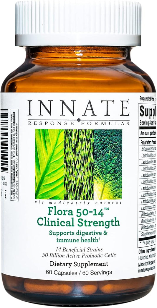 INNATE Response Formulas Flora 50-14 Clinical Strength - Probiotic Supplement with 50 Billion CFU - 14 Probiotic Strains - Vegan and Non-GMO - Made Without 9 Food Allergens - 60 Capsules-SeraviaPure