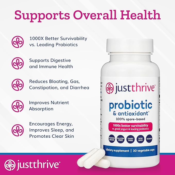 Just Thrive Probiotic & Antioxidant Supplement - 100% Spore-Based Digestive and Immune Support - Gluten Free, 30 Caps-SeraviaPure