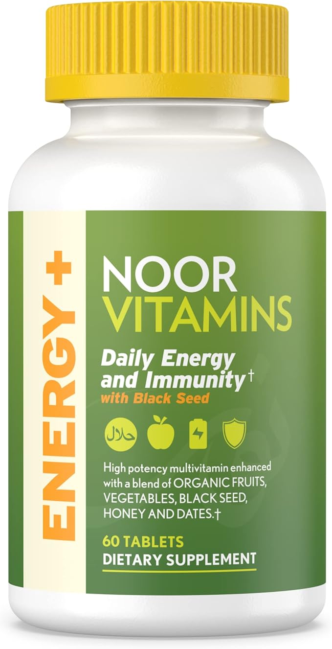 Noor Vitamins Energy+ Multivitamin; Halal Vitamin for Energy Production & Immunity, 26 Vitamins & Minerals, Black Seed, Dates, Honey, for Men & Women. Gelatin Free, 2 Month Supply-SeraviaPure