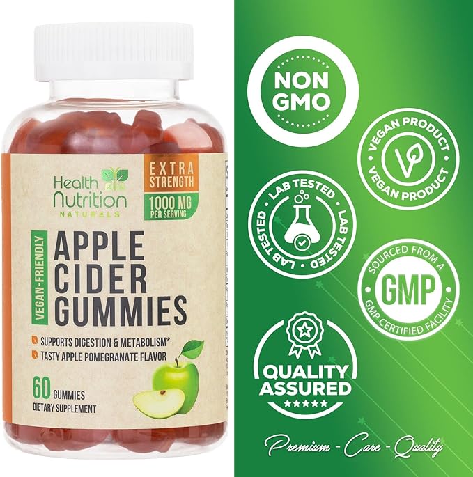 Vegan Apple Cider Vinegar Gummies | Max Strength 1000mg | ACV Supplement Gummy Vitamins for Adults, Supports Digestion, Metabolism, Natural Apple Flavor with Mother, Gluten Free, Non-GMO - 60 Gummies-SeraviaPure
