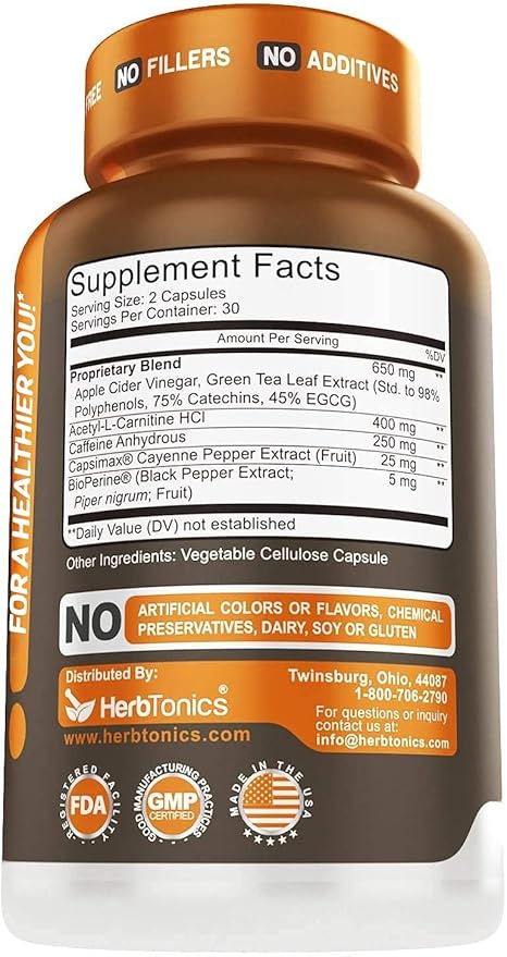 Herbtonics Thermogenic Supplement | Metabolic Health & GLP-1 Support for Men & Women | Clean Energy & Mental Focus | ACV, Green Tea Extract & Caffeine | 60 Veg Capsules-SeraviaPure