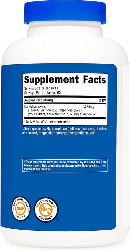 Nutricost Dandelion Extract Capsules 1575mg Per Serving (180 Caps, 60 Servings) - 525mg Per Capsule (5:1 Extract, Equivalent to 7,875mg), Non-GMO, Gluten Free