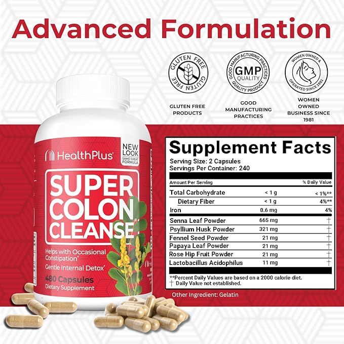 Health Plus Super Colon Cleanse: 10-Day Cleanse -Detox 12 Cleanses, 480 Capsules-SeraviaPure
