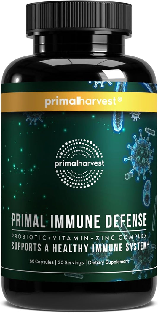 Primal Harvest Primal Immune Defense 10-in-1 Immune Defense Supplement: with 7 Billion CFU Probiotics, Zinc, Vitamins C, B6, D3, K2 - Immune Boosters for Adults 60 Capsules (1 Pack)-SeraviaPure