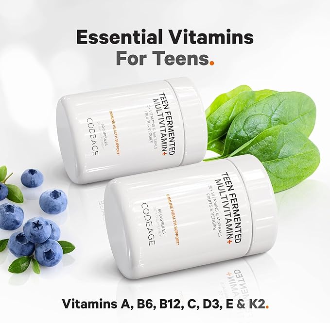 Codeage Teen’s Daily Multivitamin Supplement, 25+ Vitamins & Minerals for Teenage Boys & Girls, Organic Whole Foods Vitamins for Teenagers, Vitamin A, B, C, D, E, K, Omega-3, 60 Ct-SeraviaPure