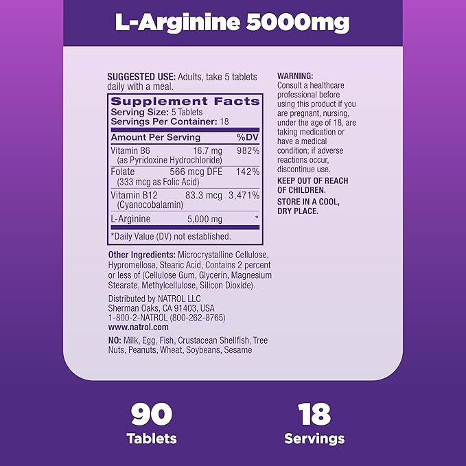 Natrol L-Arginine 5,000 mg, Dietary Supplement for Men's Health, L-Arginine Supplement, 90 Tablets, 18 Day Supply-SeraviaPure