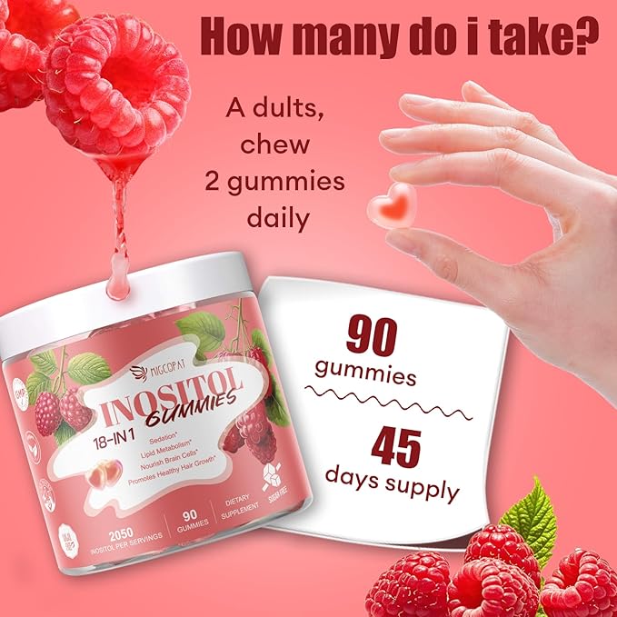 Inositol Multivitamin Gummies, Myo-Inositol&D-chiral Inositol Ideal 40:1 Ratio, Inositol Supplement with Omega-3, Magnesium, Folate, Hormone Balance, Raspberry Flavor, Sugar Free, 90 Count-SeraviaPure