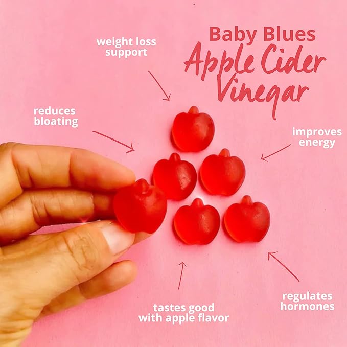 Baby Blues Apple Cider Vinegar Gummies - Vegan, Non-GMO & Gluten-Free, Postpartum Dietary Supplement with Both Vitamin B-6 & B12, 60 Pieces per Bottle-SeraviaPure