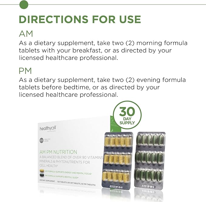 Healthycell AM PM, Natural AntiAging Multivitamin for Men, Women, Supports Cell Health, Stem Cells, Energy, Sleep, with Vegetarian Whole Food Vitamins, Antioxidants, Probiotics (30 Servings)-SeraviaPure
