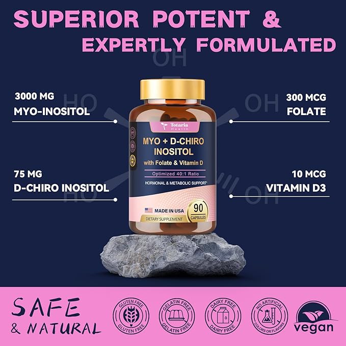 Inositol Supplement for Women with Vitamin D3, Folate, 40:1 Ratio Myo-Inositol 3000mg & D-Chiro Inositol 75mg Complex, (Vitamin B8) Inositol Capsules, 90 Capsules, 30 Servings-SeraviaPure