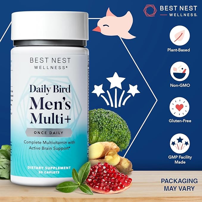Best Nest Wellness Men's Multi Plus - Daily Multivitamin for Brain & Energy Health Support - Daily Multivitamin for Men - Probiotics & Digestive Enzyme Formula - 30 Caplets-SeraviaPure